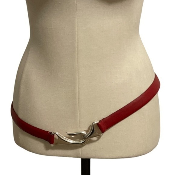 Chico’s belt woman genuine Red leather fashion silvertone hook buckle  Sz M/L main image 10